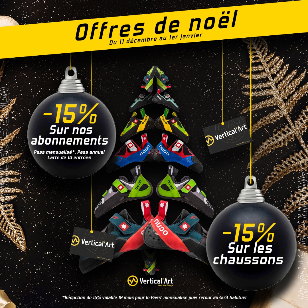 Offres de Noël à Vertical'Art Rungis : 15% sur les formules de grimpe et les chaussons