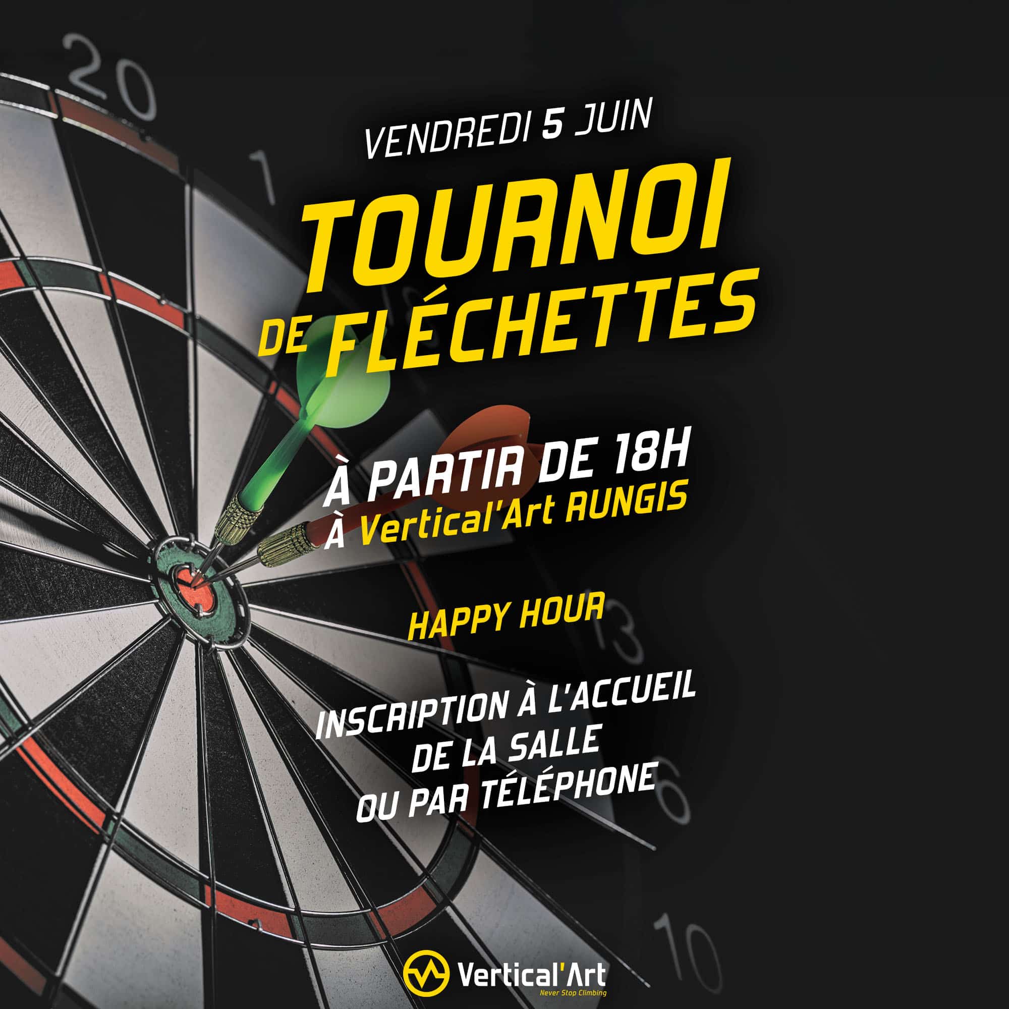 ournoi de fléchettes à Vertical’Art Rungis avec ambiance Irish Pub, joueurs autour de la cible, bar et soirée conviviale